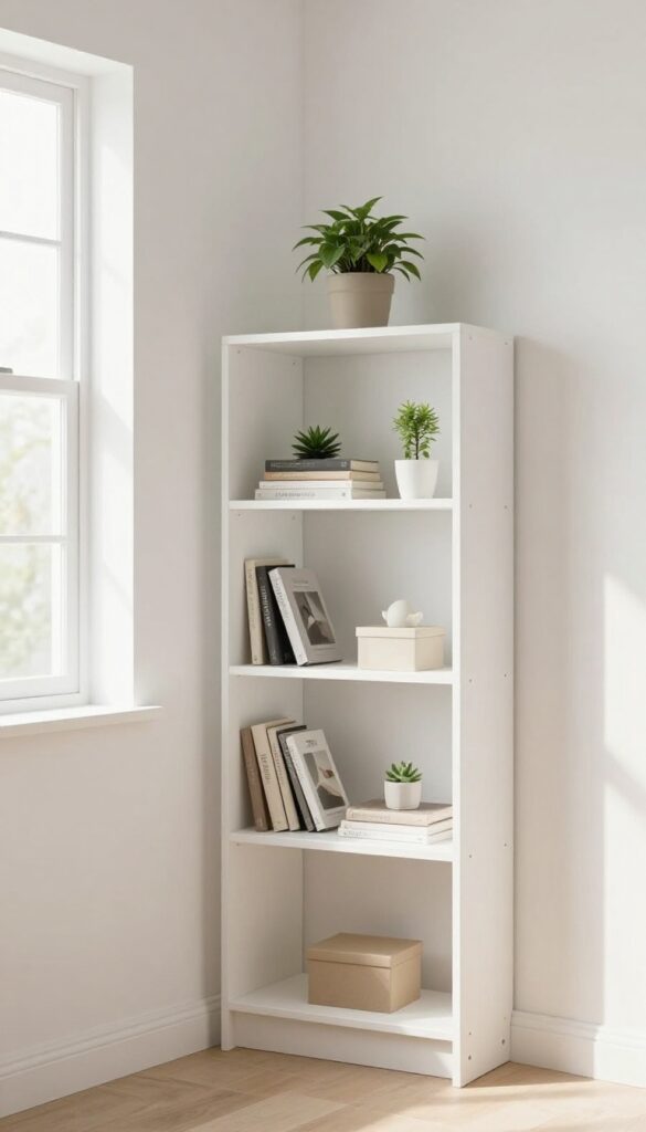 Corner shelving unit in a small bedroom with books and a plant