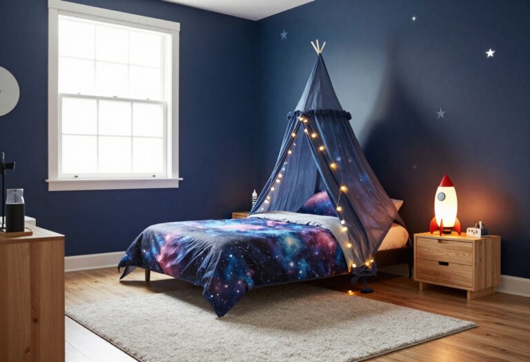 Cozy boy's bedroom with space theme, canopy bed, and warm lighting