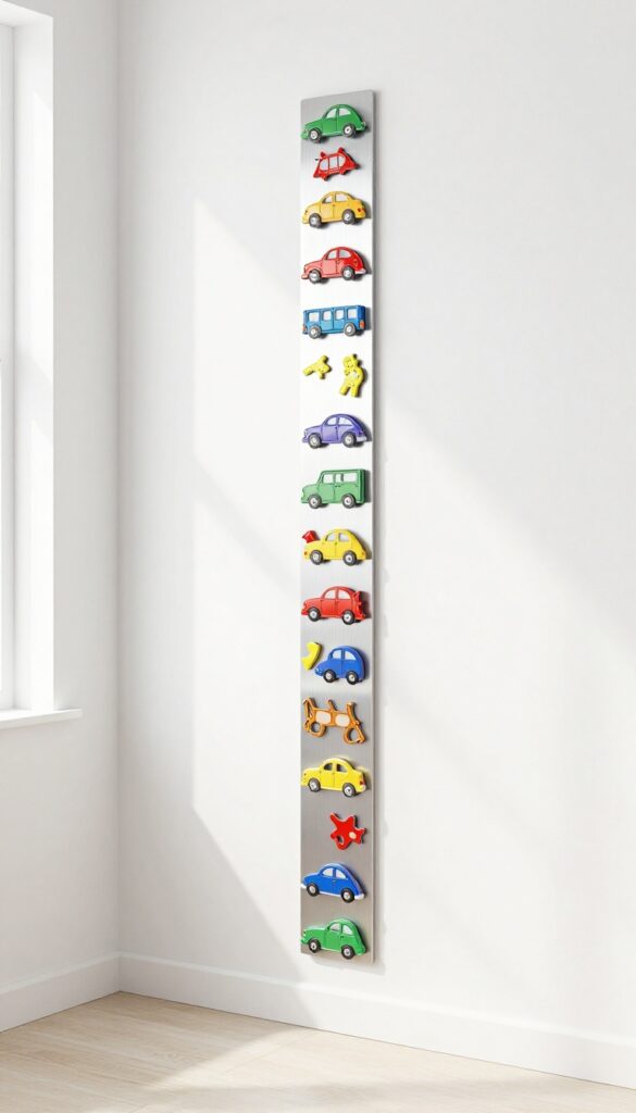 Magnetic wall strip with metal toy cars and puzzles in a light, airy kids' bedroom