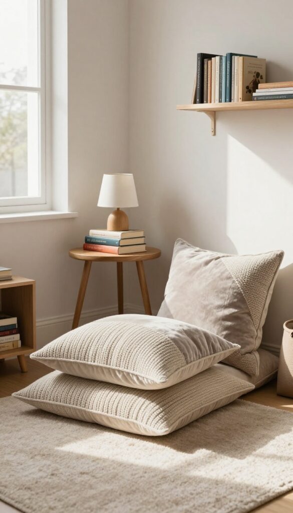 Cozy reading nook with oversized floor pillows and bookshelf in a boy's bedroom