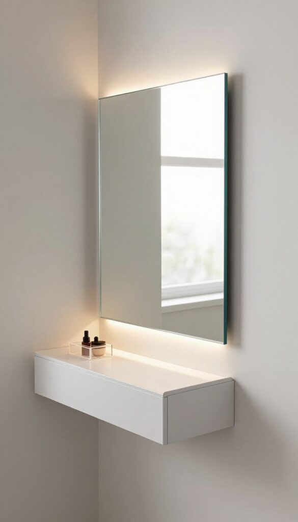 Mirrored cabinet vanity with pull-out tray in a bedroom corner