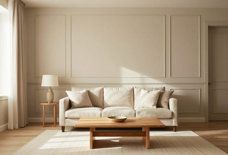 Cozy living room with a DIY board and batten accent wall in soft beige, featuring a sofa, throw pillows, and a wooden coffee table.