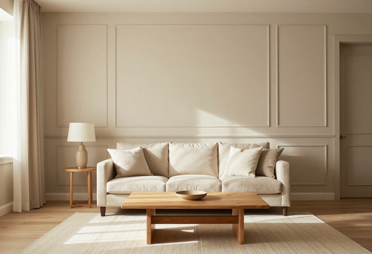 Cozy living room with a DIY board and batten accent wall in soft beige, featuring a sofa, throw pillows, and a wooden coffee table.