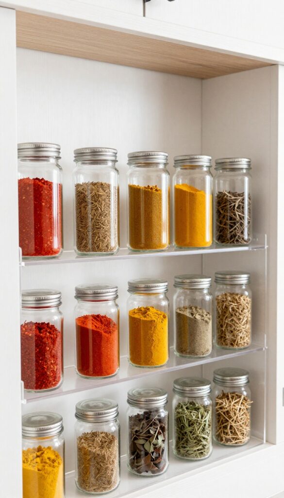Clear acrylic risers in a kitchen cabinet organizing spice jars in stadium seating, bright natural light, clean and tidy.