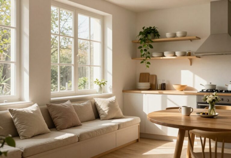 Cozy kitchen banquette with beige cushions, round wooden table, and open shelving in a sunlit corner.