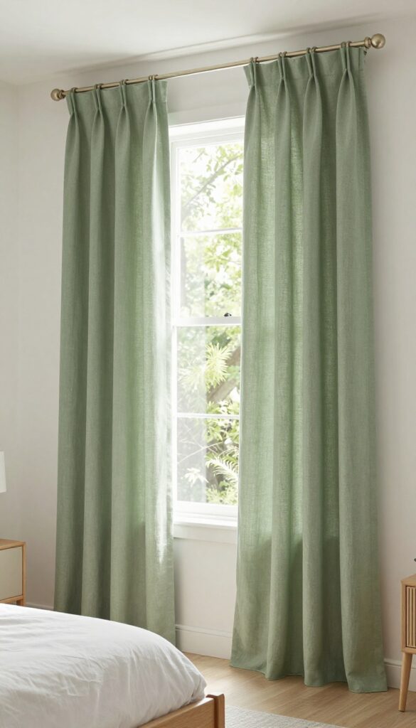 Sage green curtains framing a window in a bright, airy bedroom with neutral decor and natural light.