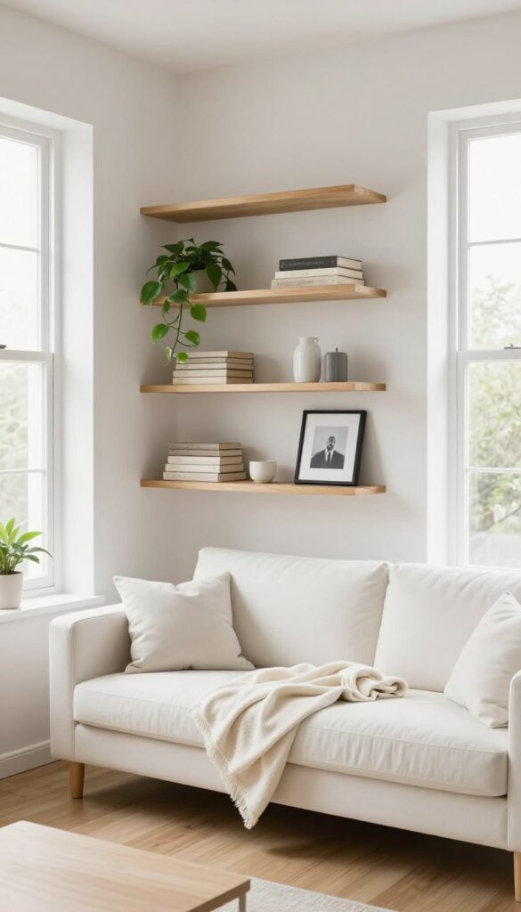 Floating shelves above a sofa with books, plant, and decor in a bright small living room