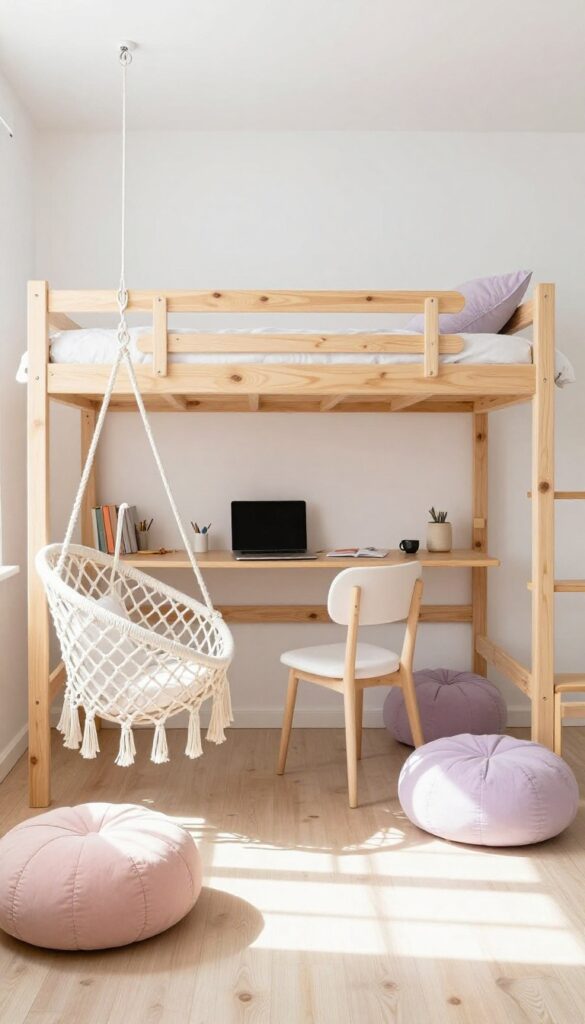 Loft bed with desk underneath, hanging chair, and poufs in a bright teen girl's bedroom