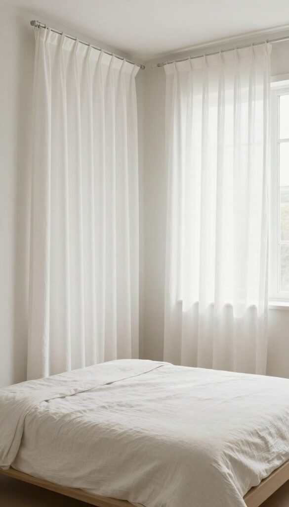 Small bedroom with curtains hung high and wide to create the illusion of taller walls and a larger window.