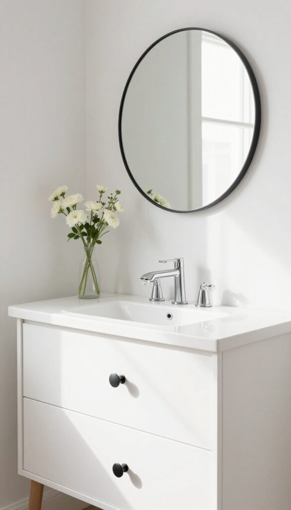 Guest powder room with upgraded crystal and matte black hardware on a white vanity, fresh flowers, bright natural light.