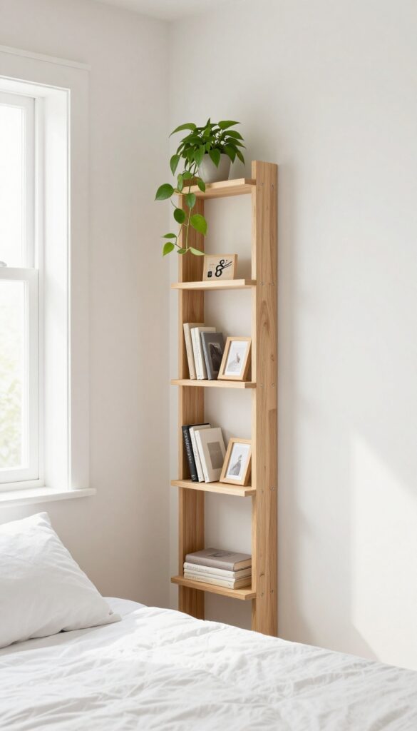 Vertical wall shelves in a tiny guest bedroom with books, plants, and decor, creating a functional focal point.