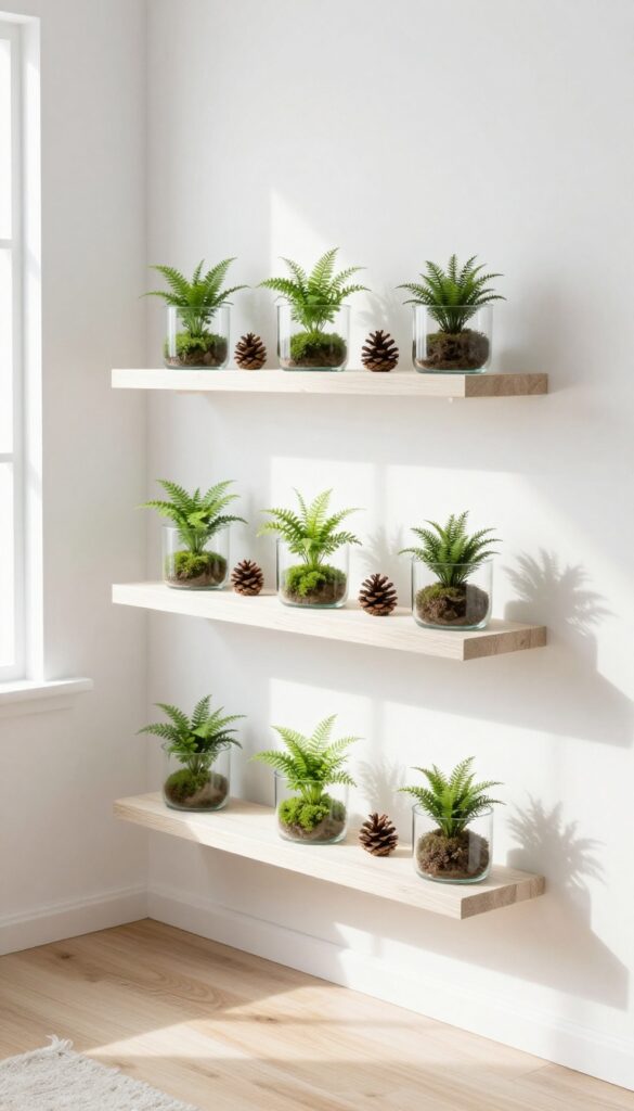 Floating shelves with mini terrariums and pinecones in a kids forest bedroom