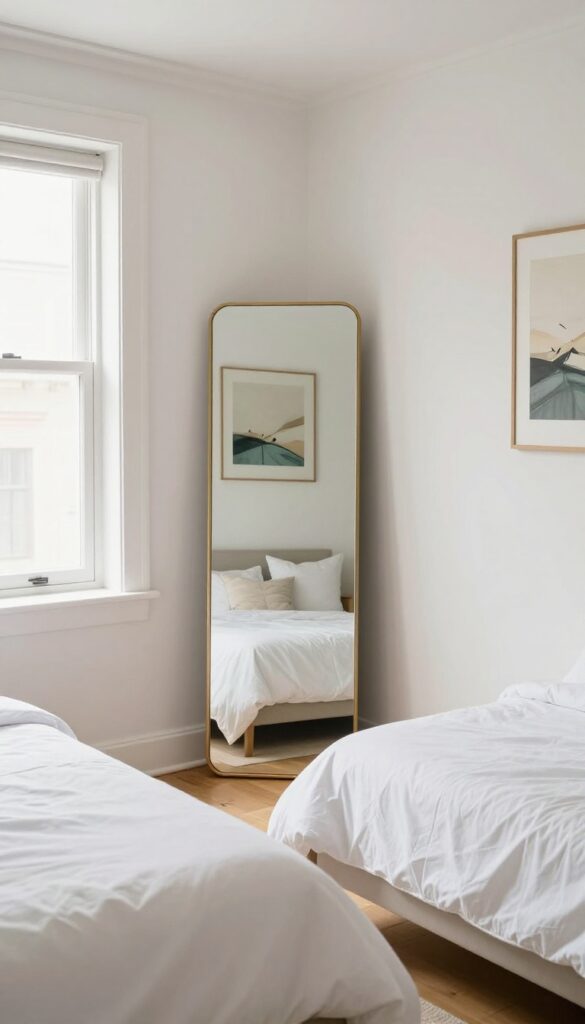 Full-length mirror leaning against wall in bright guest bedroom with natural light, cozy bed, and art reflection