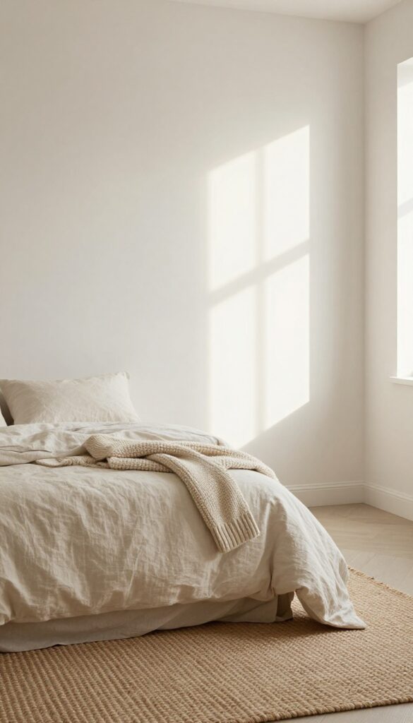 Warm white guest bedroom with textured linens and natural light