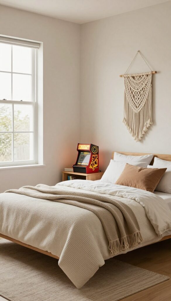 Teenage boy's bedroom with personal touches like a vintage lamp, macrame wall hanging, and books on the nightstand.