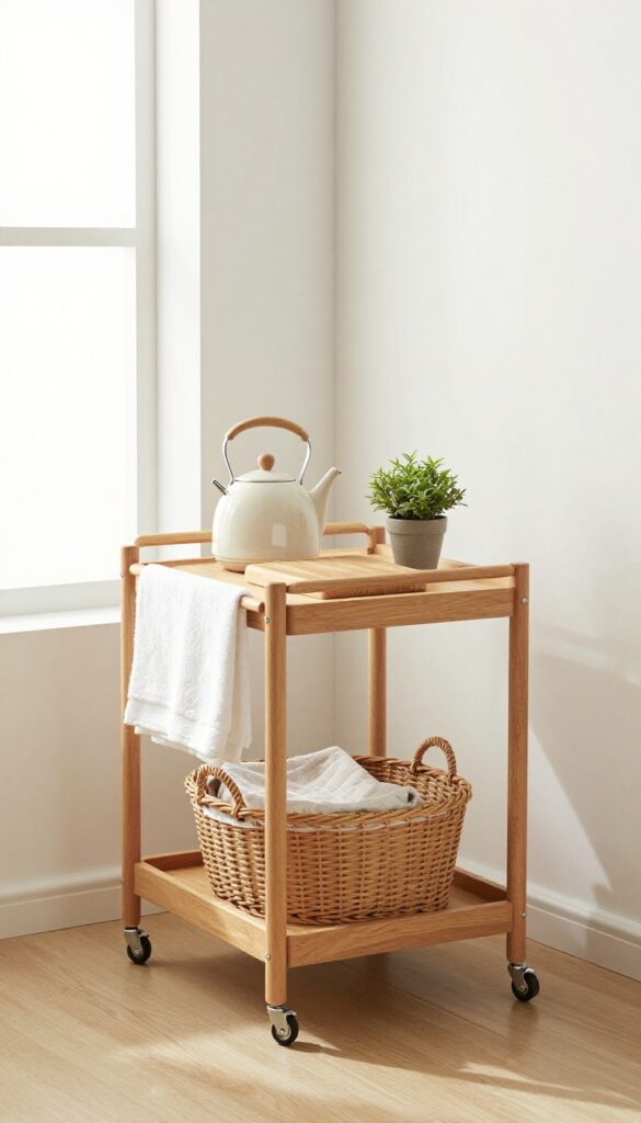 A rolling cart with coffee maker and plant in a guest suite kitchenette