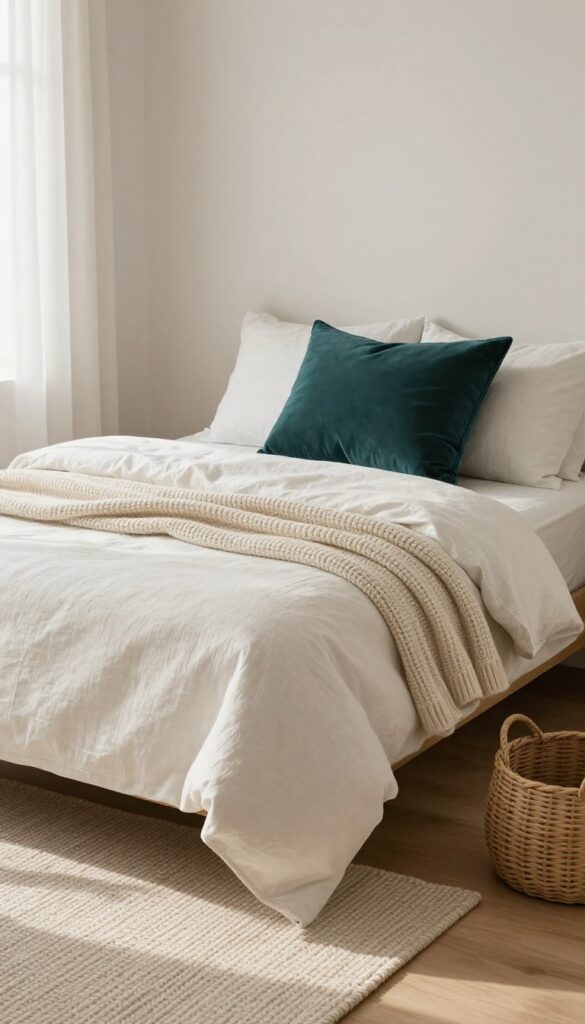 Small adult bedroom with textured layers: chunky knit throw, velvet pillow, woven rug, and basket, creating warmth and depth.
