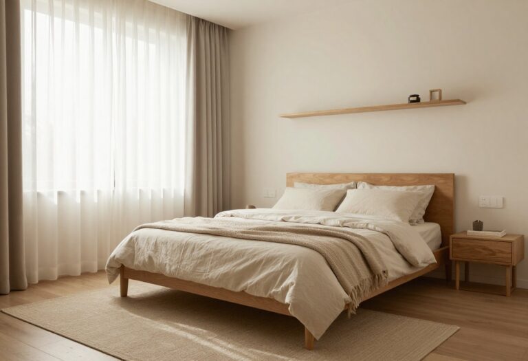 Cozy small square bedroom with centered bed, layered rugs, and warm natural light