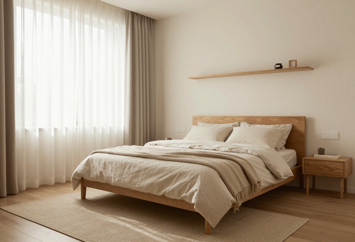 Cozy small square bedroom with centered bed, layered rugs, and warm natural light
