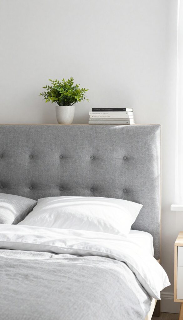 DIY grey upholstered headboard in a bright bedroom with white bedding and grey pillows