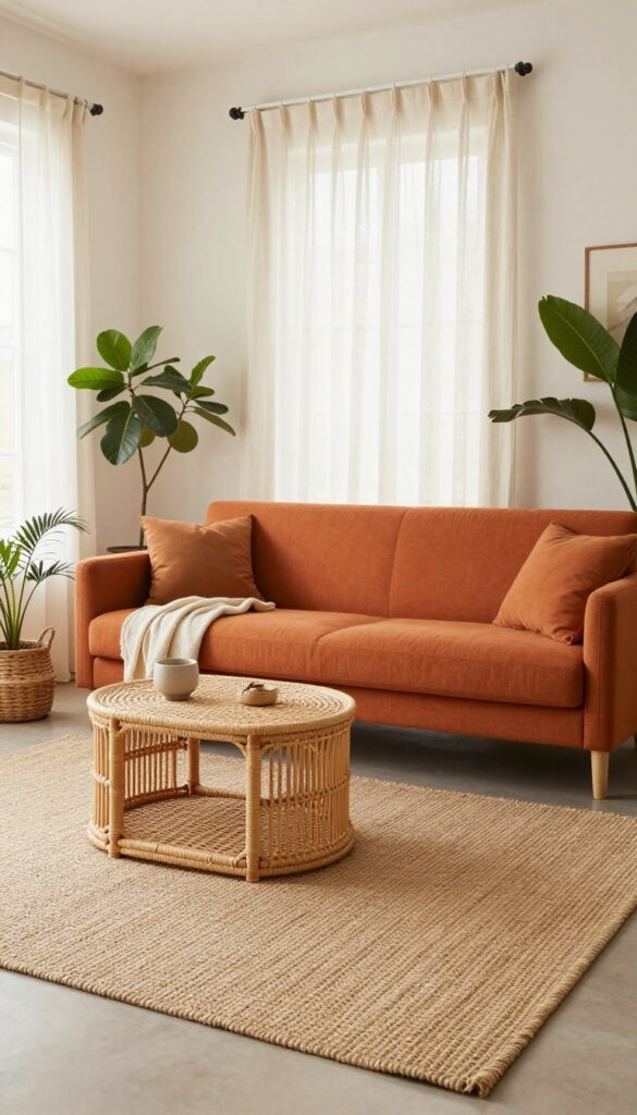 Orange sofa on jute rug with rattan coffee table and woven baskets in a light, airy living room