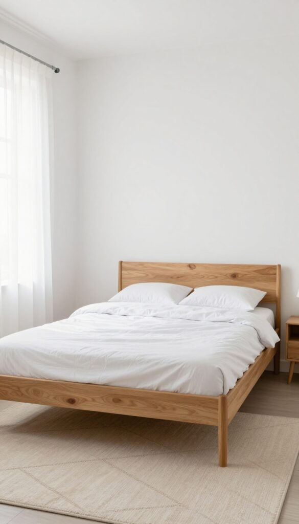 Small bedroom with a rug defining the sleep zone, bed centered on a beige patterned rug, nightstands on rug, natural light, minimalist decor.