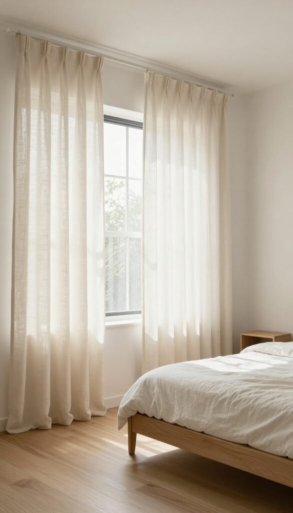 Small bedroom with high and wide curtain rod, floor-length cream linen curtains pooling slightly on floor, bed with simple bedding, natural light, spacious feel.