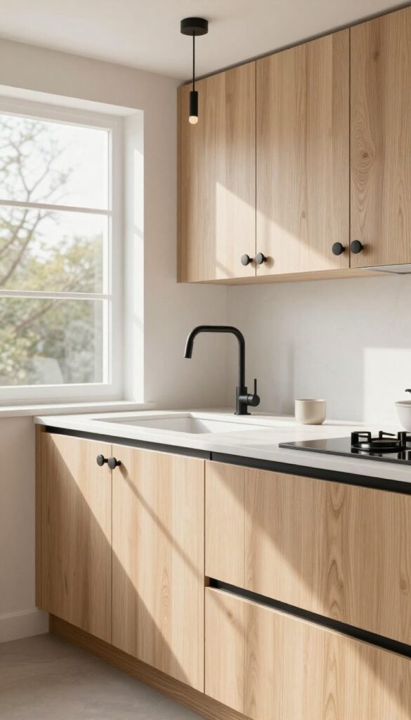 Modern kitchen with light wood cabinets and matte black hardware, natural light.