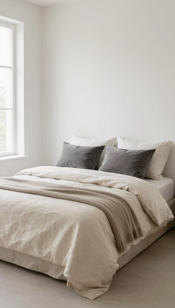Small square bedroom with layered neutral bedding: linen duvet, chunky knit throw, and velvet pillows in natural light.