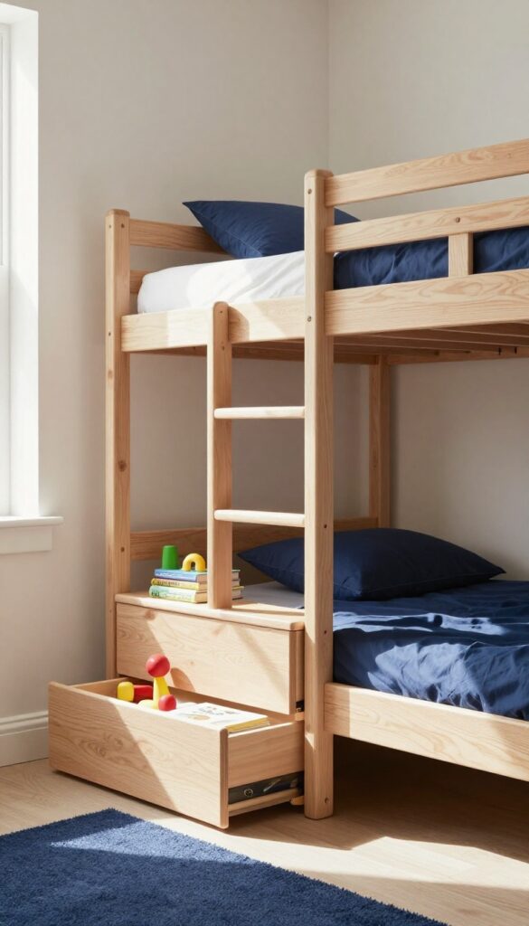 Bunk beds with built-in storage steps in a bright boys' bedroom, drawers open showing toys and books, neutral tones, navy rug.