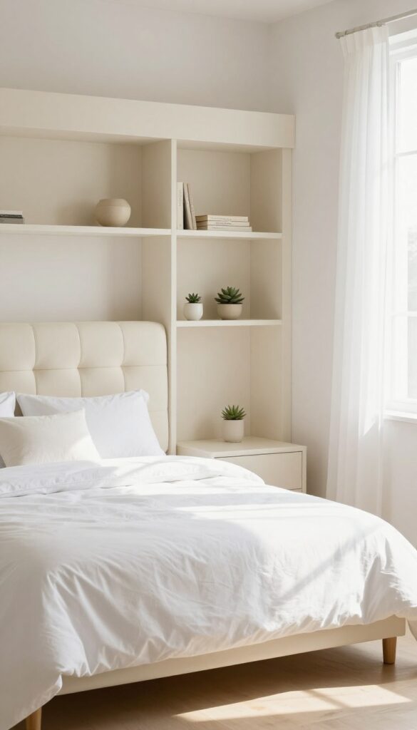 White upholstered headboard with built-in shelves in a minimal chic bedroom