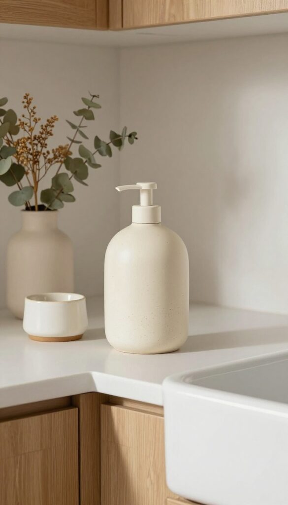 Creamy ceramic soap dispenser with soft glaze on a kitchen counter, surrounded by natural accents and light wood cabinets.