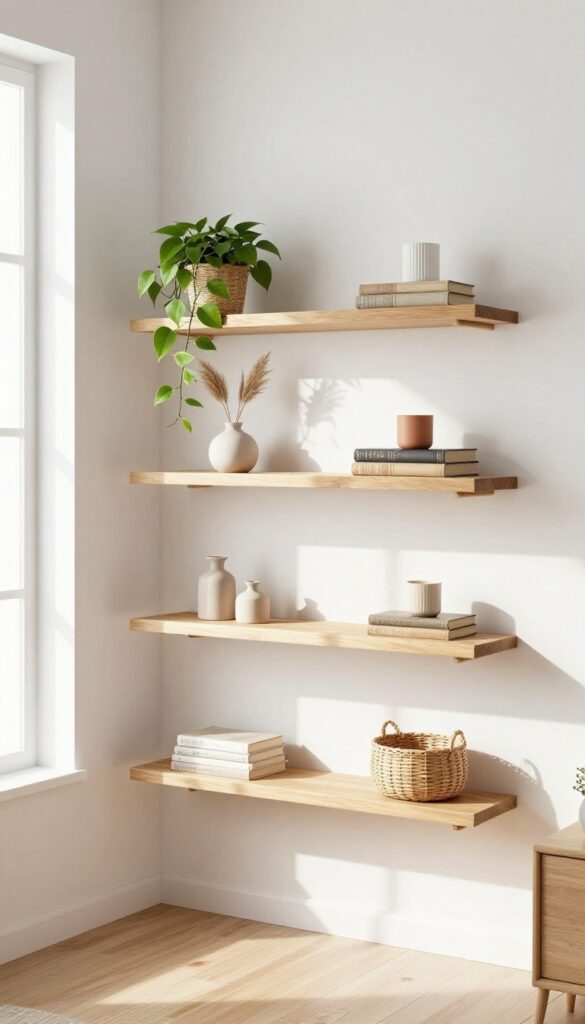 Floating shelves with boho decor including trailing plant, ceramic vase, books, and woven basket in a bright small living room.