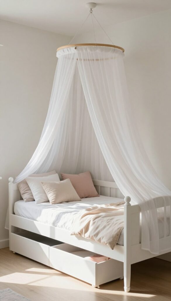 A daybed with trundle in a kids' bedroom, styled with a sheer canopy and pillows for sleepovers.