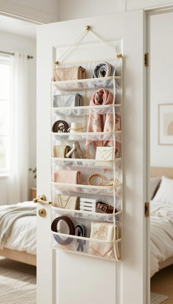 Clear over-the-door organizer filled with scarves, belts, and jewelry on a bedroom door in a bright, cozy room