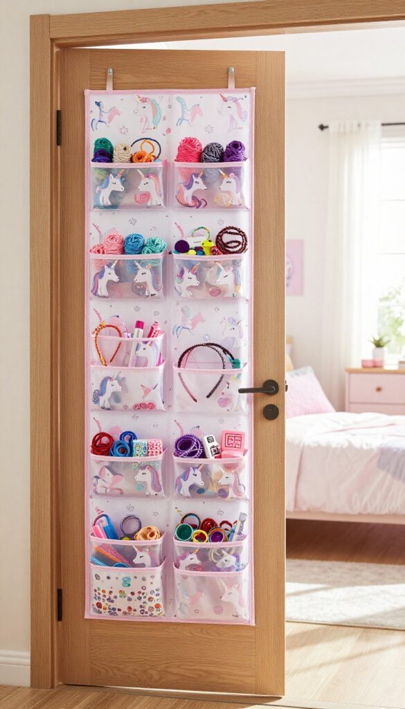 Over-the-door organizer with clear pockets filled with hair accessories and craft supplies in a tween girl's bedroom.