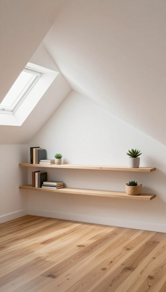 Floating shelves installed in an awkward sloped ceiling corner, displaying books and a small plant in a bright attic bedroom.