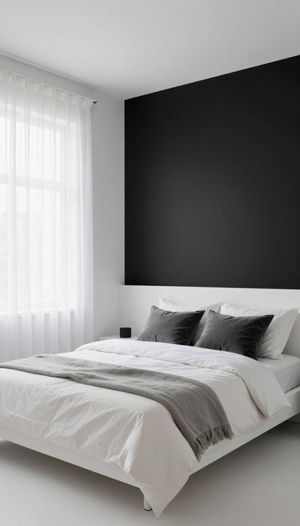 White bedroom with black accent wall behind bed, light bedding, sheer curtains, bright natural light