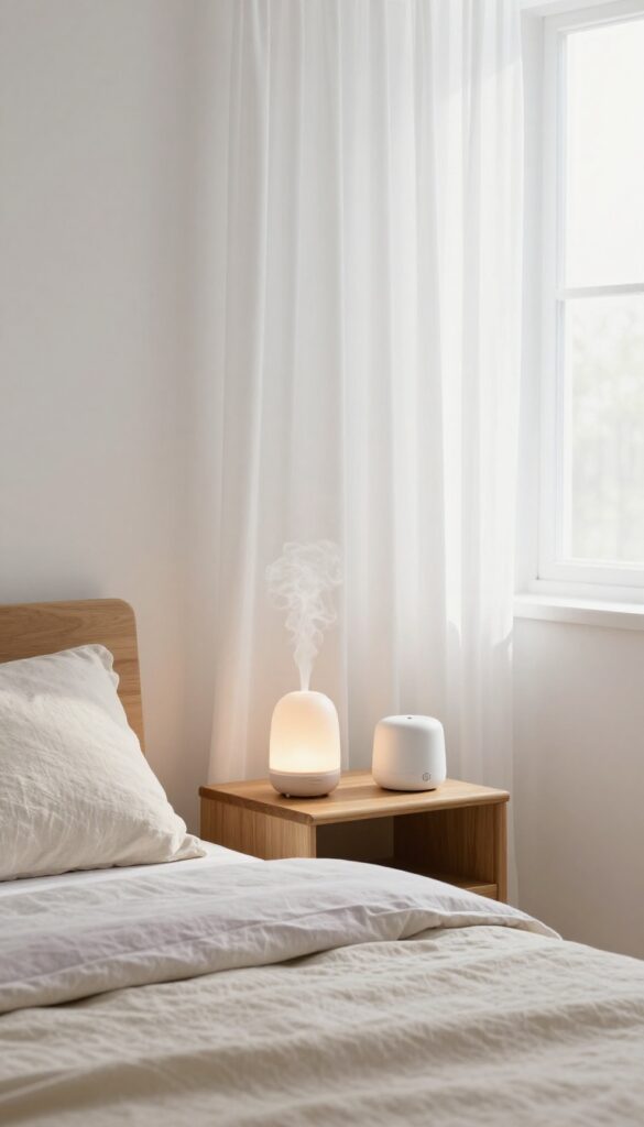 Cozy small bedroom with lavender scent diffuser and white noise machine on nightstand, soft natural light, layered bedding