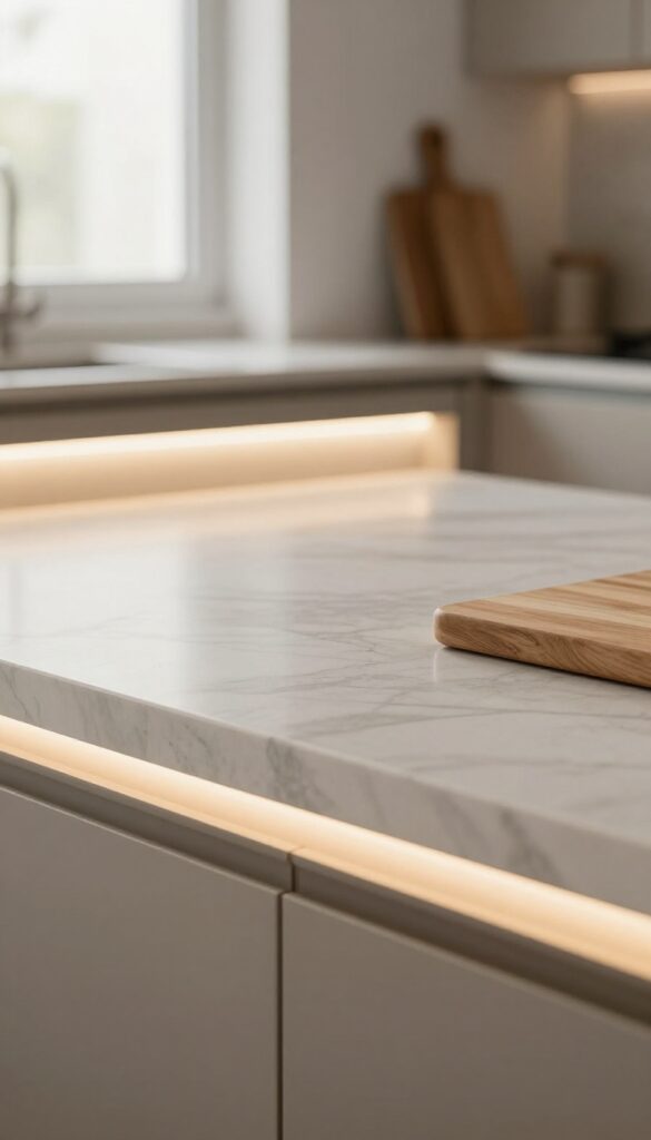 Warm under-cabinet LED lights illuminating a kitchen countertop with marble backsplash and wooden cutting board.
