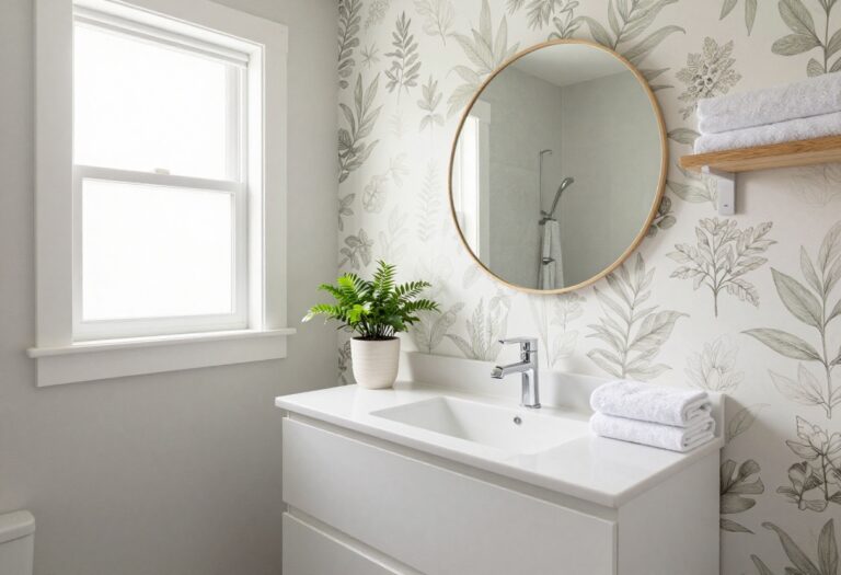 Small guest bathroom with floating vanity, round mirror, botanical wallpaper, and plant