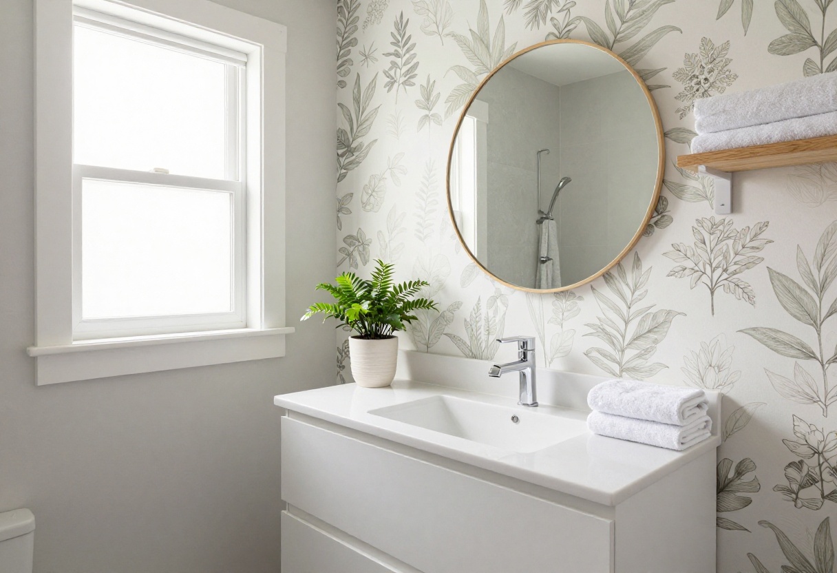 Small guest bathroom with floating vanity, round mirror, botanical wallpaper, and plant