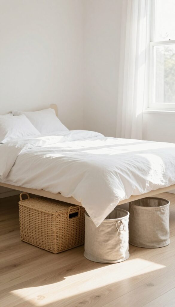 Under-bed storage bins in a small bedroom