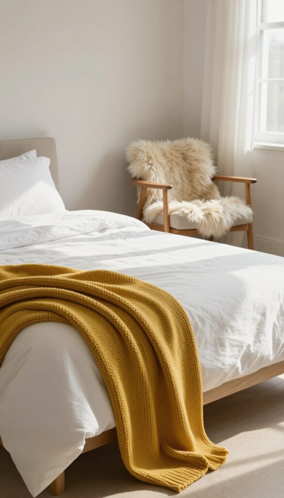 Cozy guest bedroom with a chunky knit throw blanket in mustard yellow draped over the foot of a white-linened bed, natural light, armchair with faux-fur throw