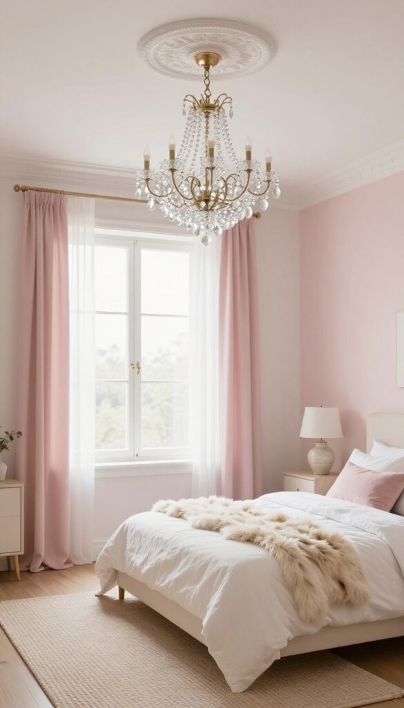 Small crystal chandelier in a soft-chic bedroom with low ceiling, white bed, pastel accents, and natural light.
