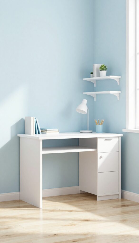 Corner desk with floating shelves in a bright kids bedroom