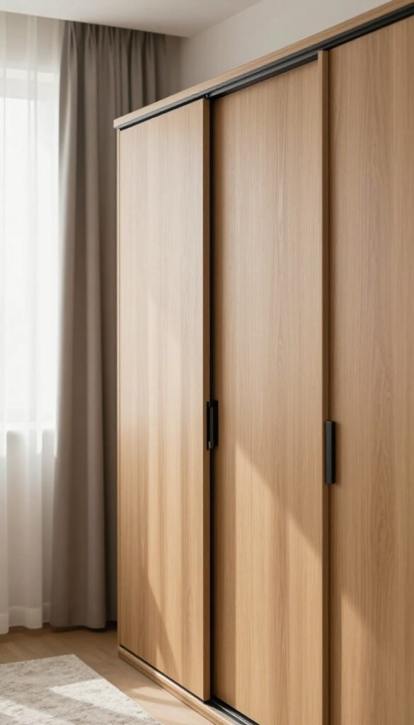 Soft-close sliding wardrobe door in a small bedroom with warm wood and matte black track, bright natural light, plush rug and curtains.