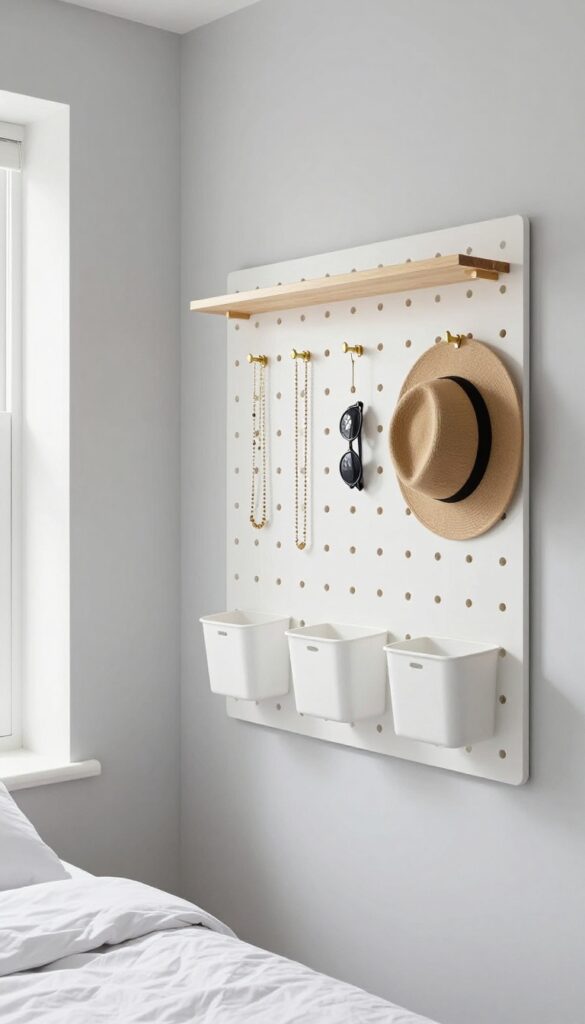 Small bedroom with a pegboard wall holding shelves, bins, and hooks for custom storage, bright natural light, minimalist decor.