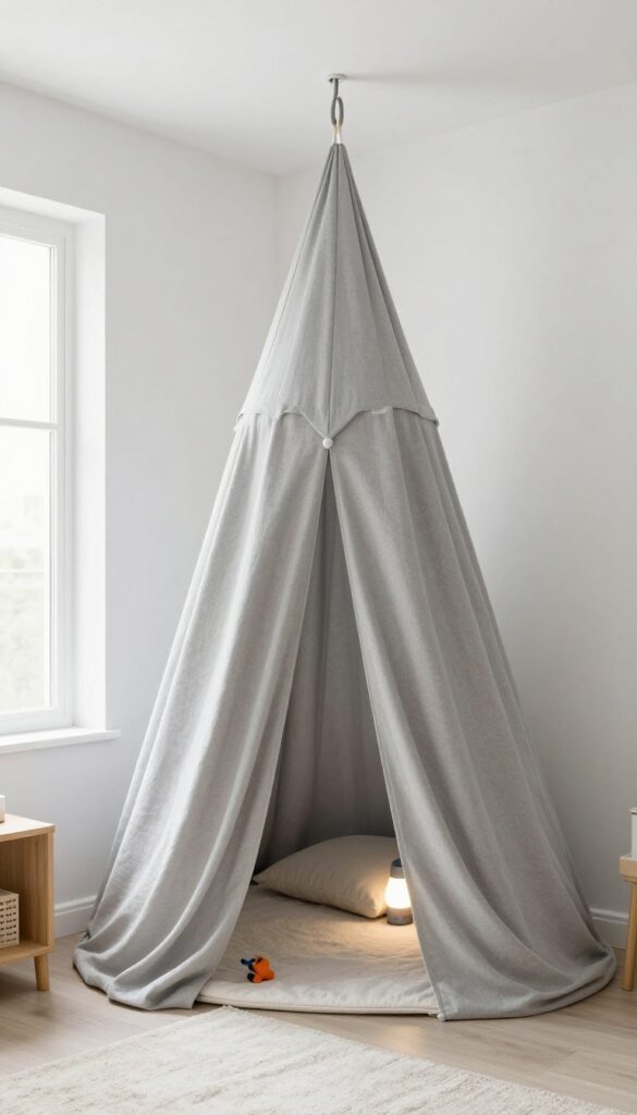 Ceiling-mounted tent canopy in a small boy's bedroom, creating a cozy hideaway without taking up floor space.