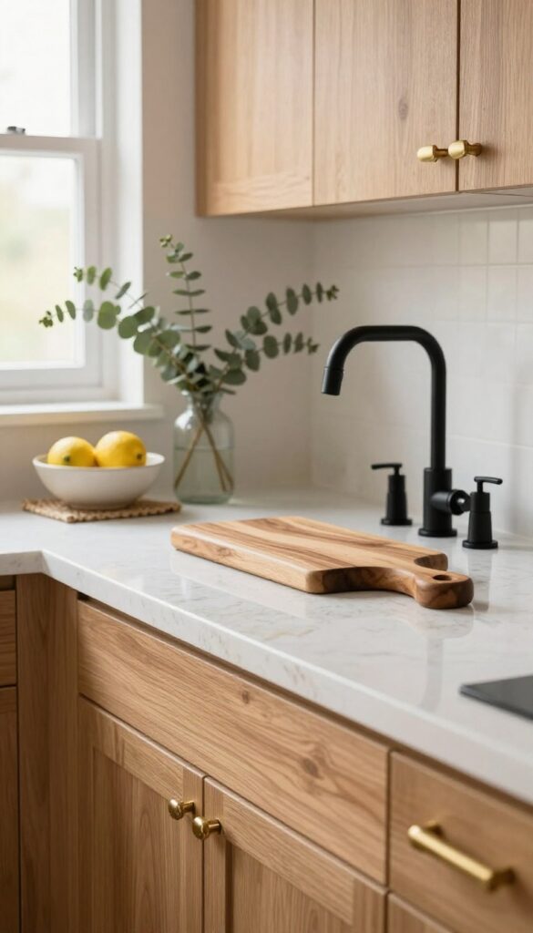 Warm white quartz kitchen countertop with wooden cutting board, matte black faucet, eucalyptus, and ceramic fruit bowl